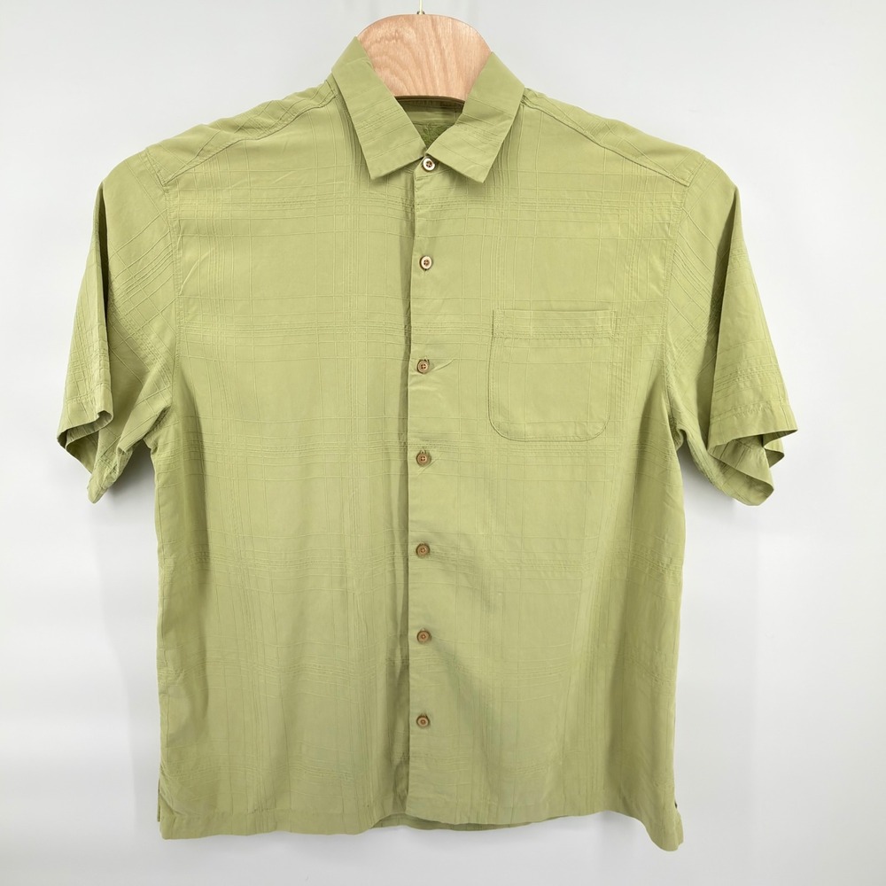Tommy Bahama Mens Shirt Large Green 100 Silk Short Sleeve Grid Textured Camp